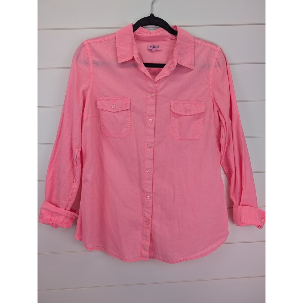 Old Navy Button Up‎ Shirt Women Medium Neon Pink Beach Resort Swim Cover Sheer